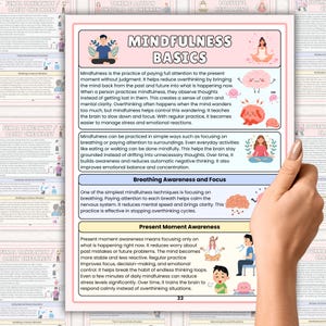 K&ouml;nnte beinhalten: Ein rosa-wei&szlig;es Achtsamkeits-Basics-Handbuch mit Text und Illustrationen. Der Leitfaden behandelt Themen wie Atembewusstsein und die Reduzierung von &Uuml;berdenken. Die Seite stammt aus einem Journal mit einer t&auml;glichen Checkliste.