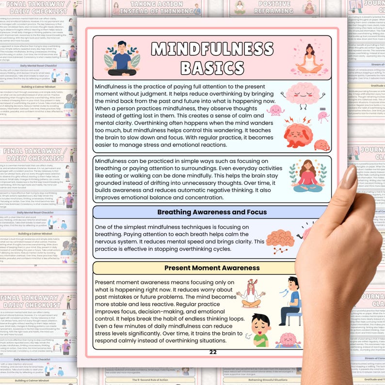 K&ouml;nnte beinhalten: Ein rosa-wei&szlig;es Achtsamkeits-Basics-Handbuch mit Text und Illustrationen. Der Leitfaden behandelt Themen wie Atembewusstsein und die Reduzierung von &Uuml;berdenken. Die Seite stammt aus einem Journal mit einer t&auml;glichen Checkliste.