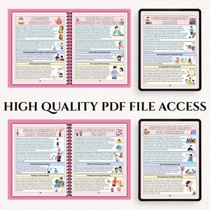 K&ouml;nnte beinhalten: Ein digitaler Download mit einem pinkfarbenen Spiralnotizbuch und zwei Tablets mit Selbsthilfe-Ratgebern. Die Notizbuchseiten haben farbenfrohe Illustrationen und Texte zu Themen wie positivem Reframing und Journaling. Die Tablets zeigen Anleitungen zum Aufbau gesunder Gewohnheiten.
