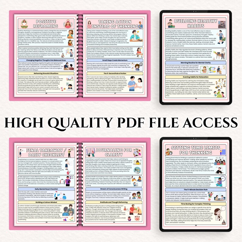K&ouml;nnte beinhalten: Ein digitaler Download mit einem pinkfarbenen Spiralnotizbuch und zwei Tablets mit Selbsthilfe-Ratgebern. Die Notizbuchseiten haben farbenfrohe Illustrationen und Texte zu Themen wie positivem Reframing und Journaling. Die Tablets zeigen Anleitungen zum Aufbau gesunder Gewohnheiten.