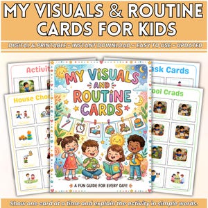 Op de afbeelding: Een set visuele en routinekaarten voor kinderen, met de tekst "MY VISUALS AND ROUTINE CARDS". De afbeelding bevat illustraties van kinderen en diverse activiteitskaarten. De tekst luidt "A FUN GUIDE FOR EVERY DAY!"