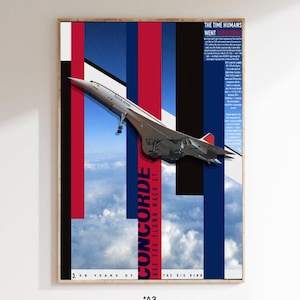 May include: A framed poster featuring a Concorde jet against a backdrop of blue sky and vertical stripes in red, black, and blue. Text includes "CONCORDE" and "3.50 YEARS OF THE BIG BIRD". The poster is labeled "A3".