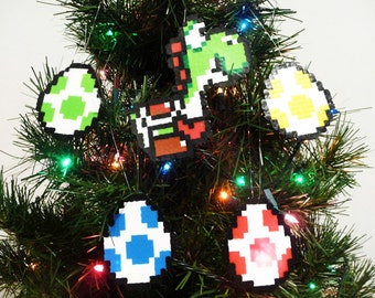 Yoshi and 4 Eggs Perler Bead Christmas Ornament Set (5 piece) - nintendo