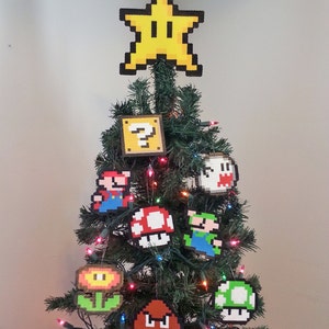 ORIGINAL Mario Bros. Perler Bead Star Christmas Tree Topper and Ornament Set 9 Piece trending december trends gifts image 1