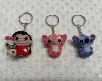Stitch Lilo Angel Crochet Keychain | Handmade Amigurumi Set | Lilo and Stitch Characters | Cute Cartoon Plush | Gift for Fans