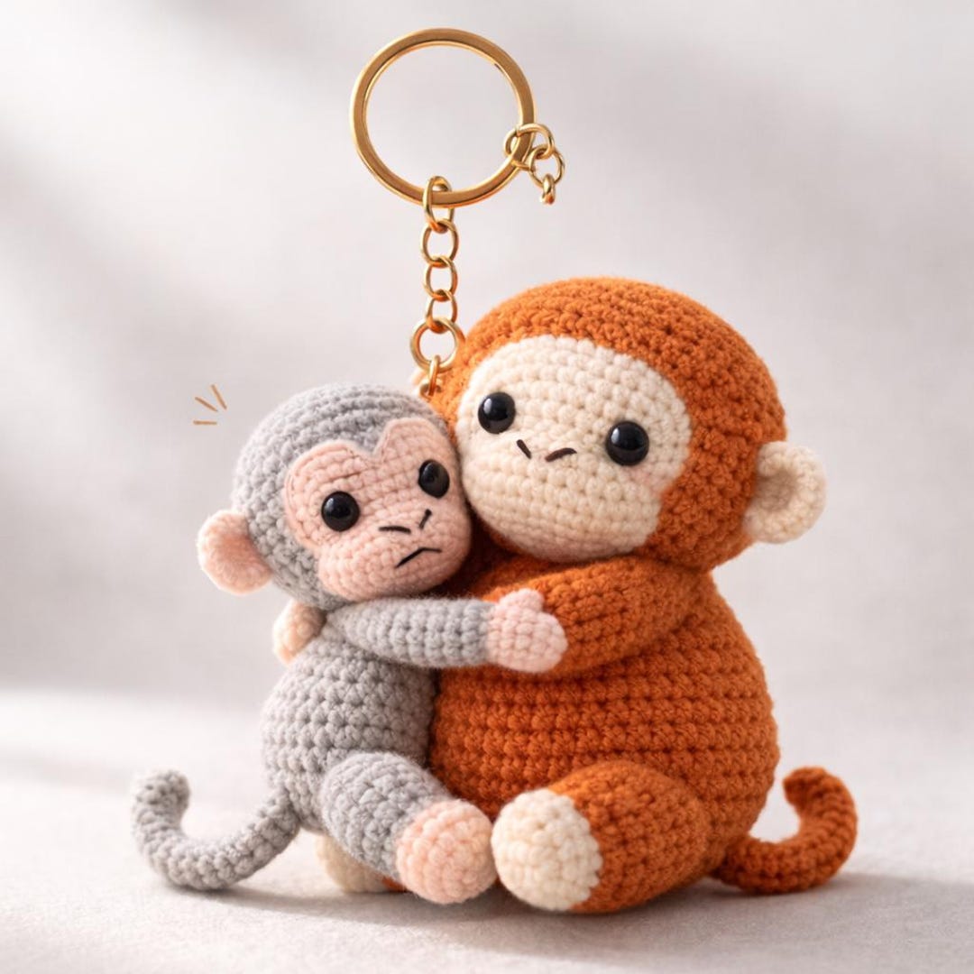 Punch Monkey Keychain, Crochet Monkey Keychain, Amigurumi Monkey