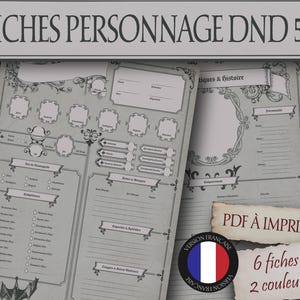 May include: Two character sheets for Dungeons & Dragons 5e, featuring a light gray background with decorative borders and text fields. The sheets include areas for character details, skills, and history. The text "FICHES PERSONNAGE DND 5E" is at the top.