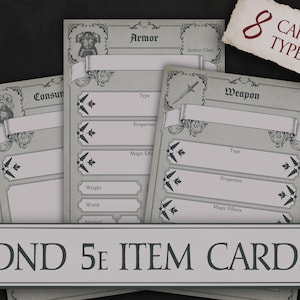 Könnte beinhalten: Eine Sammlung von DND 5e-Objektkarten im Vintage-Stil. Die Karten sind hellgrau mit dekorativen Rändern und enthalten Abschnitte für Rüstungen, Waffen und Verbrauchsmaterialien. Eine kleine Karte zeigt "8 CARD TYPES". Der Text "DND 5e ITEM CARDS" wird angezeigt.