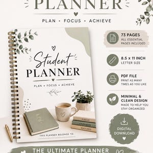 Op de afbeelding: Een spiraalgebonden studentenplanner met een crèmekleurige kaft, groene bladeren en de tekst Student Planner Plan Focus Achieve. De planner bevat 73 pagina's, meet 21,59 x 27,94 cm en is een digitaal PDF-bestand om zelf af te drukken.