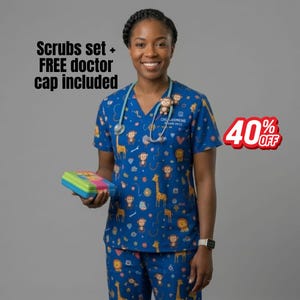 Conjunto de uniforme médico pediátrico con blusa y pantalón de animales de safari coloridos: estampado de mono, león y jirafa, cuello en V, concienciación sobre el cáncer infantil.