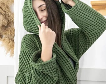 Green Waffle Robe 100% Cotton, Hooded Bathrobe, Hotel Spa Quality Morning Gown