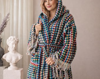 Badjas van Turks katoen met kleurblokken - wafelgewaad met capuchon - uniseks spacadeau - zachte moderne kamerjas