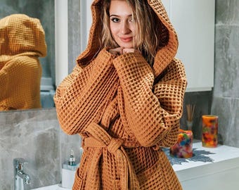 Badjas met capuchon en terracotta wafelpatroon, 100% Turks katoenen spabadjas