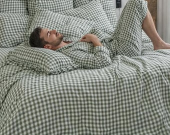 Groene dekbedovertrekset met gingham-ruit | 100% katoenen beddengoed, kussenslopen boerderij met ruches
