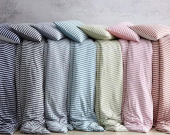 Garengeverfde gestreepte katoenen dekbedovertrekset – geweven 100% katoen, ademend natuurlijk beddengoed