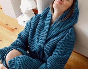 Uniseks indigoblauwe wafeljas met capuchon, 100% Turks katoen, set spabadjassen