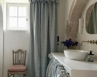 Lined Blackout Gingham Ruffled Curtains, Double Ruffle Farmhouse Cottagecore Drapes