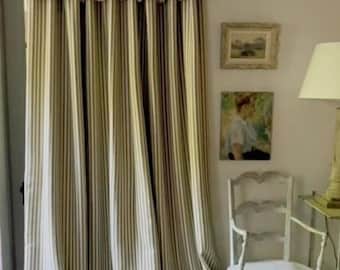 Olijfgroen gestreept katoenlinnen verduisteringsgordijn – Handgemaakte flop-ruche – Raampaneel boerderij boho