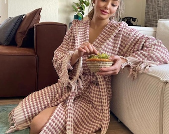 Dusty Rose Turkse katoenen badjas - badjas met capuchon - spacadeau - gezellige kamerjas