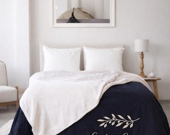 Handgemaakte sprei van biologisch katoenen mousseline met 8 lagen – Gepersonaliseerde tweekleurige koningsquilt