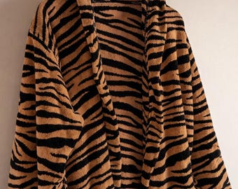 100% katoenfluwelen badjas met tijgerprint – uniseks badjas met capuchon