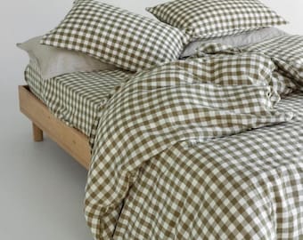 Beddengoedset saliegroen gingang – katoenen geruite dekbedovertrek en kussenslopen – boerderijstijl