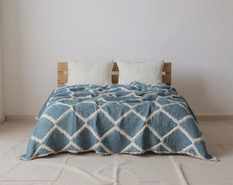 Petrolblauwe jacquard mousseline sprei – 7-laags gewatteerde katoenen sprei, queen size XL