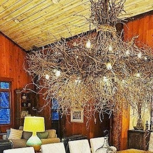May include: A rustic chandelier made of intertwined branches hangs from a wood-paneled ceiling. The fixture is illuminated by small, warm-toned lights, casting a soft glow. The room features a stone fireplace, a framed fish print, and a cozy seating area.