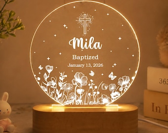 Personalized Baptized Acrylic Night Light, Custom Baby Christening Gift, Floral Nursery Bedside Lamp, Soft LED Keepsake For Girls Boys Room