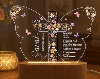 Personalized Baptism Acrylic Night Light, Butterfly Floral Cross Custom Name Christening Gift, LED Nursery Decor Psalm Bible Verse Lamp