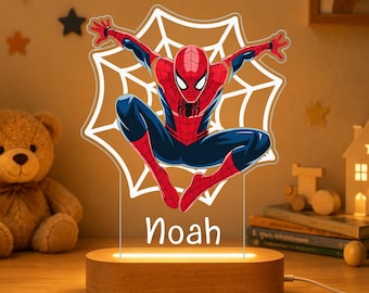 Personalized Web Superhero Night Light, Custom Name Acrylic Lamp, Red Blue Hero Bedroom Decor, Kids Nursery Gift, Boy Birthday Spider Lamp