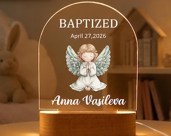 Personalized Baptized Night Light for Baby Girl, Custom Angel Acrylic LED Lamp, Baptism Gift, Christening Keepsake, Religious Nursery Decor