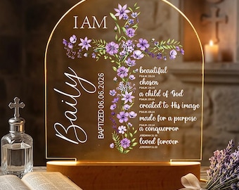Personalized Baptism Acrylic Night Light, Floral Cross Custom Name Christening Gift, Jesus Bible Verse LED Nursery Lamp Decor, Baptism Gift
