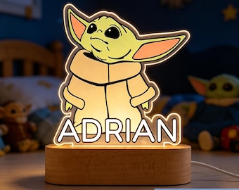 Personalized Space Alien Night Light, Custom Name Acrylic LED Lamp, Grogu Galaxy Character Bedroom Decor, Baby Yoda Gift for Kids Nursery