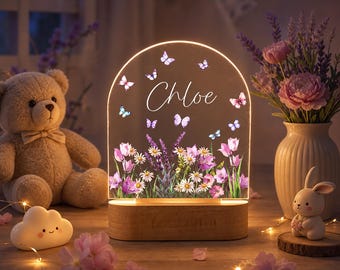 Personalized Floral Butterfly Acrylic Night Light, Butterfly Floral Nursery Lamp, Custom Name Nursery Lamp, Baby Girl Room Decor LED Light