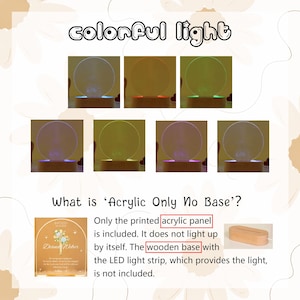 May include: A circular acrylic panel light with a wooden base, shown in seven different colors including blue, red, green, purple, yellow, and white. The text 'colorful light' appears at the top, and an explanation of 'Acrylic Only No Base' is included.