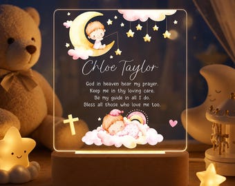 Personalized Baptism Acrylic Night Light, Baby Girl Boy Moon Cloud Nursery Lamp, Prayer Verse God in heaven hear my prayer LED Light Decor