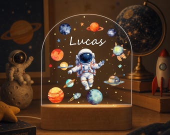 Personalized Astronaut Night Light, Custom Kids Name LED Lamp, Space Theme Nursery Decor, Solar System Baby Boy Gift, Acrylic Bedroom Light