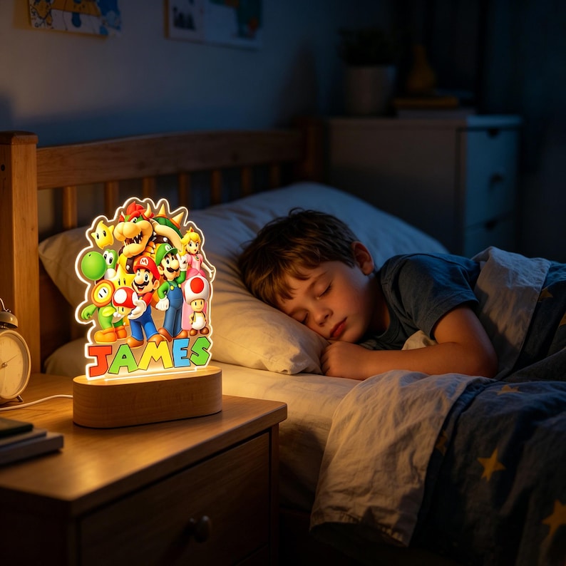 May include: A custom LED night light featuring a colorful graphic of Mario, Luigi, Princess Peach, Bowser, Yoshi, and Toad characters. The acrylic display is illuminated from a light-colored wooden base and includes the name JAMES in bold letters.