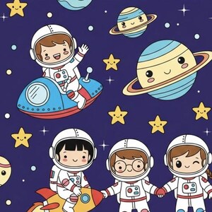 May include: A whimsical illustration featuring cartoon astronauts, planets, and stars against a dark blue background. The text "Pequenos Astronautas" is at the top. The image depicts children in space suits on rockets and spaceships.