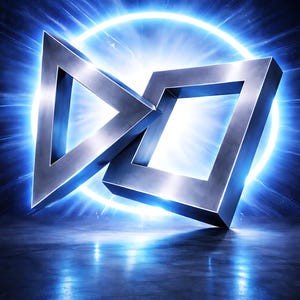 Può includere: Un logo argentato metallico con un triangolo che interseca un quadrato, su uno sfondo blu brillante. Il design è tridimensionale, con una superficie riflettente e una fonte di luce circolare brillante dietro.