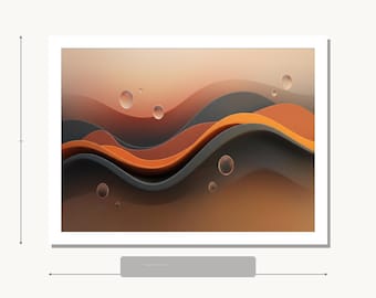 Wanddeko Poster, Warme Wellen in Orange, Rost und Anthrazit mit schwebenden Glasblasen.
