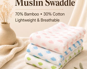 Muslin Swaddle, Ultra Soft As A Cloud, Pink, Blue, or Green, Bamboo Cotton, VirelleBaby