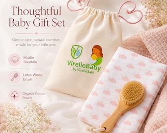 Baby Gift Set, Muslin Swaddle, Lotus Wood Brush, Organic Cotton Pouch