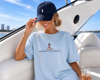 Nantucket Shirt Lighthouse Tee Coastal Preppy Nautical Gift Comfort Colors Oversized Beach Summer Tee for Her Beach Coverup Bikini Coverup