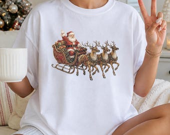 Vintage Santa Sleigh Shirt Christmas Reindeer Tshirt Retro Santa Claus Sleigh Ride Shirt Classic Christmas Gift Holiday Family Tshirt