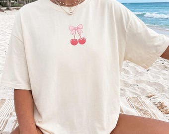 Bow Cherries T-shirt for women graphic tee for teen girl gift for retro lover shirt for girls soft girl cherry bow shirt for back to school