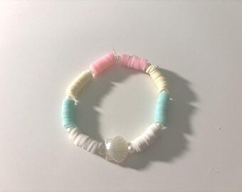 Beachy Clay Bead Bracelet with Pearl Seashell Charm | Coastal Vibes Bracelet | Handmade Ocean Inspired Gift