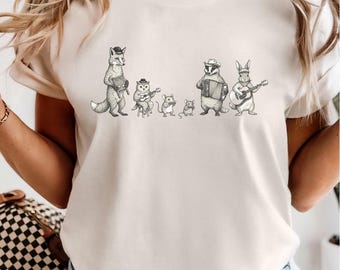 Animal Band T-Shirt | Whimsical Fox, Badger, Rabbit Illustration