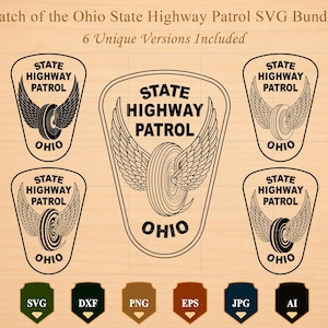 Könnte beinhalten: Ein digitales Grafikpaket mit sechs schildförmigen Emblemen der Ohio State Highway Patrol. Jedes Emblem zeigt einen geflügelten Reifen mit dem Text STATE HIGHWAY PATROL OHIO. Darunter befinden sich sechs Dateiformat-Symbole: SVG, DXF, PNG, EPS, JPG und AI.